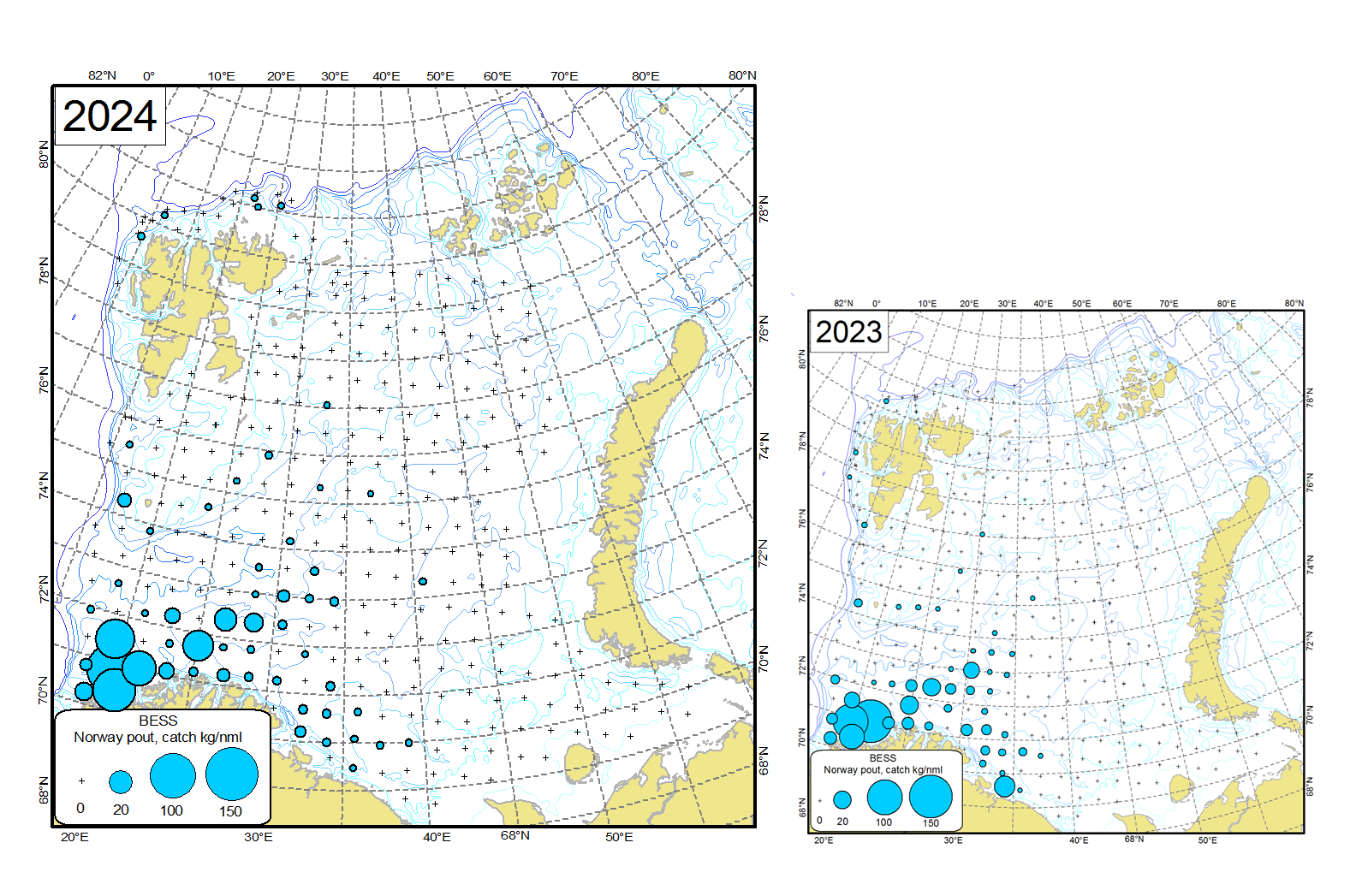 Figure 9.2.1 Distribution of Norway pout (Trisopterus esmarkii), August-October 2024 and August-September 2023