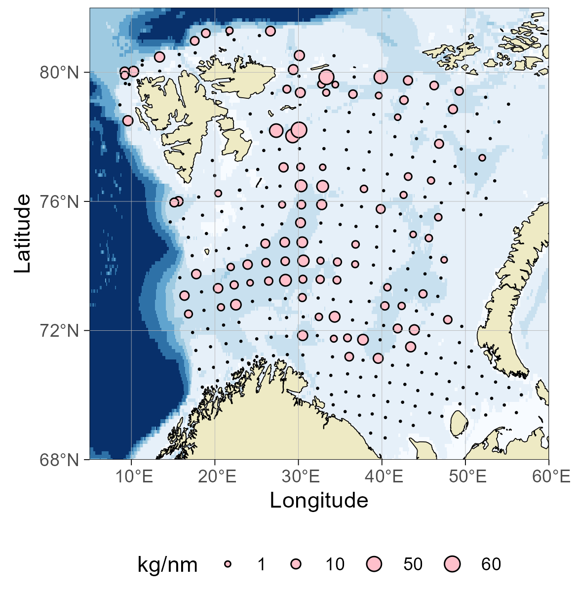Figure 8.3 Distribution of Greenland halibut (Reinhardtius hippoglossoides), ,August-October 2024