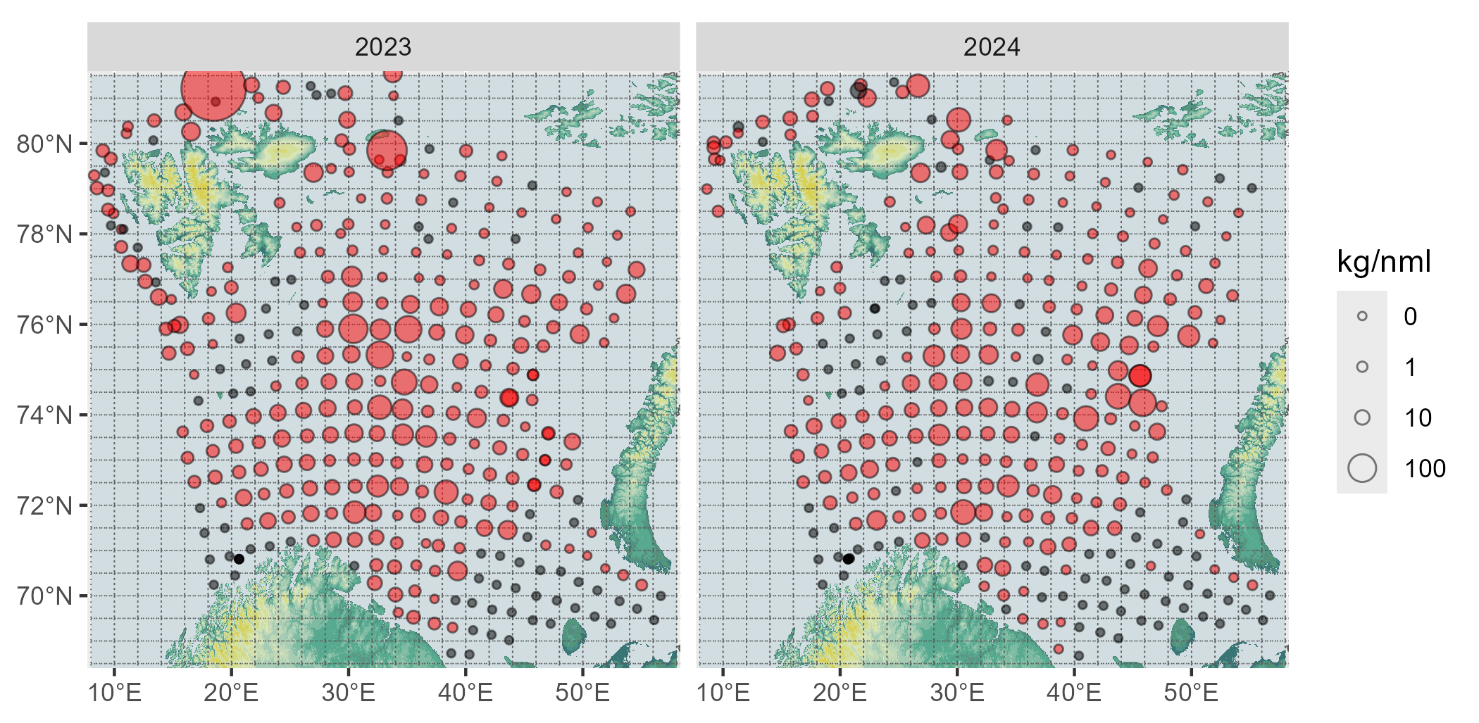 Figure 10.1.1. Size structure of catches of the Northern shrimp in the eastern Barents Sea 2023-2024