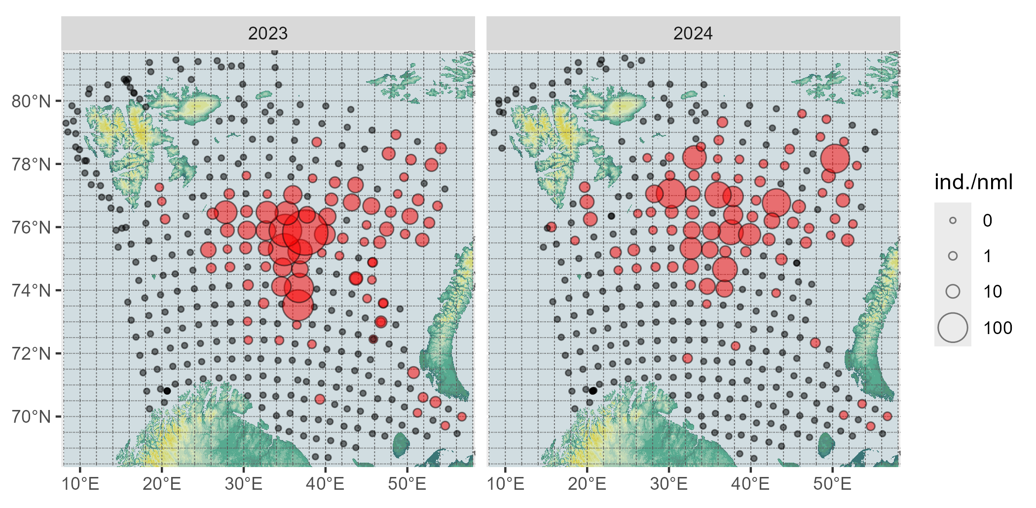 Figure 10.3.1 Distribution of the snow crab (Chionoecetes opilio) in the Barents Sea in August-September 2023-2024