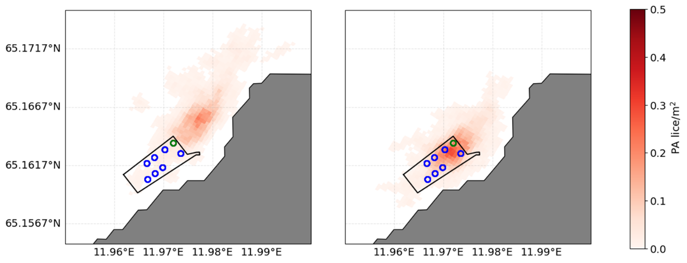 Two contour colour plots in shades of red indicating lice distribution from a salmon farm given watre currentswith tide  