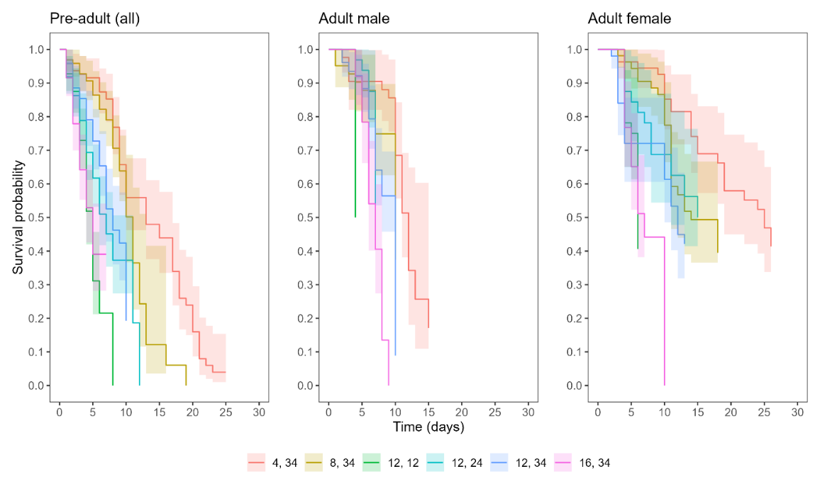 Plot av i tre paneler med ulike farger som angir gruppetilhørighet og x-akse som er tid