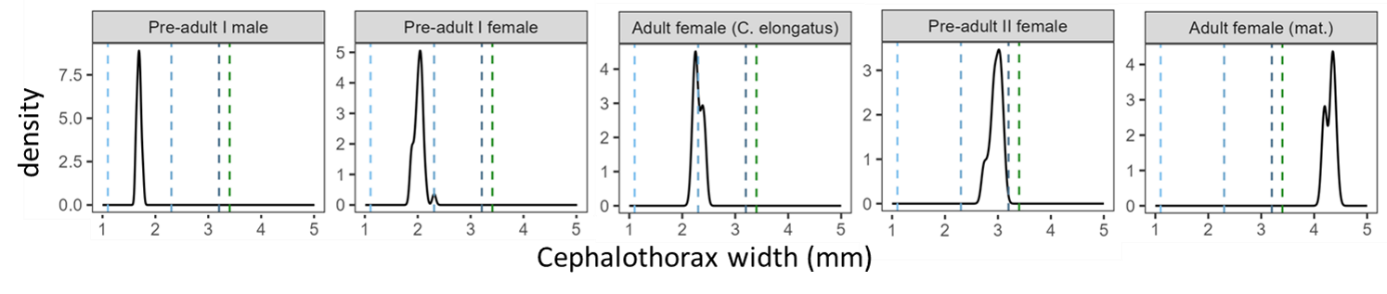5 stk figurer med fordelingsplot av lusestørrelser på ulike stadier med vertikale linjer som viser dukenes maskeåpning