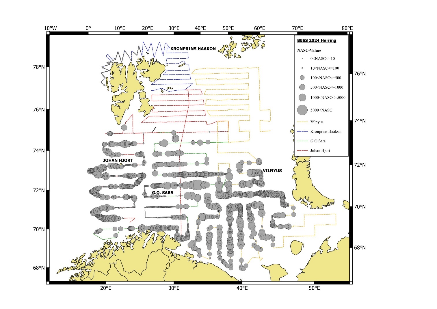 Figure 7.3.1.1 Geographical distribution of herring in autumn 2024 based on acoustic recordings. Circle sizes correspond to NASC values (m2/nmi2) per nautical mile. 