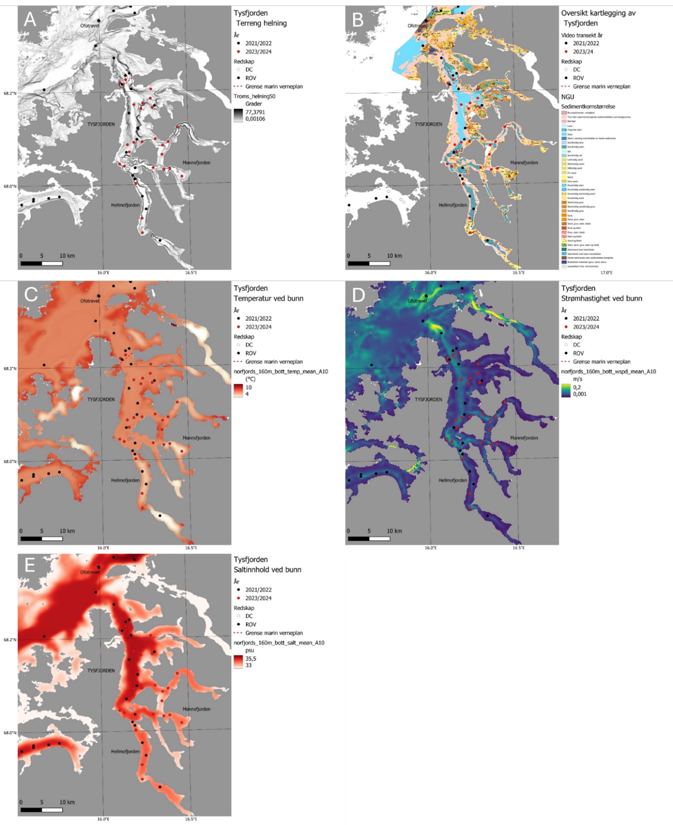 Figuren er satt sammen av fem kartutsnitt A til E, listet to og to nedover, med de ulike miljøvariablene oppgitt i figurteksten. Alle er med skala 0-10 km, svarte og røde prikker for henholdsvis 2021/2022 og 2023/2024. En nærmere beskrivelse av hver av kartene kan oppgis dersom ønskelig, ta bare kontakt med forfatterne via hi.no.