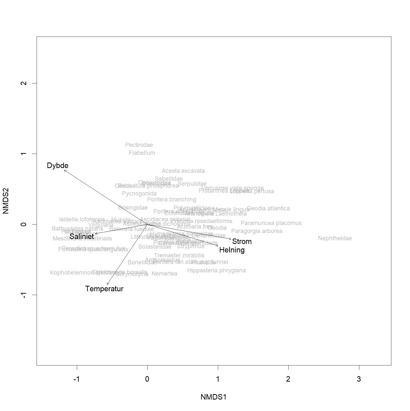 NMDS plott, x-akse NMDS1 og y-aksen NMDS2. x- aksen går fra -1,5 til 3,5 og y-aksen går fra -2 til 2,5. Stiplede piler fra midten med følgende signifikante miljøparametere: Strøm og helning går ut fra midten mot høyre. Dybde, salinitet og temperatur mot venstre. Artene er spredt i plottet, med svak grå tekst. 