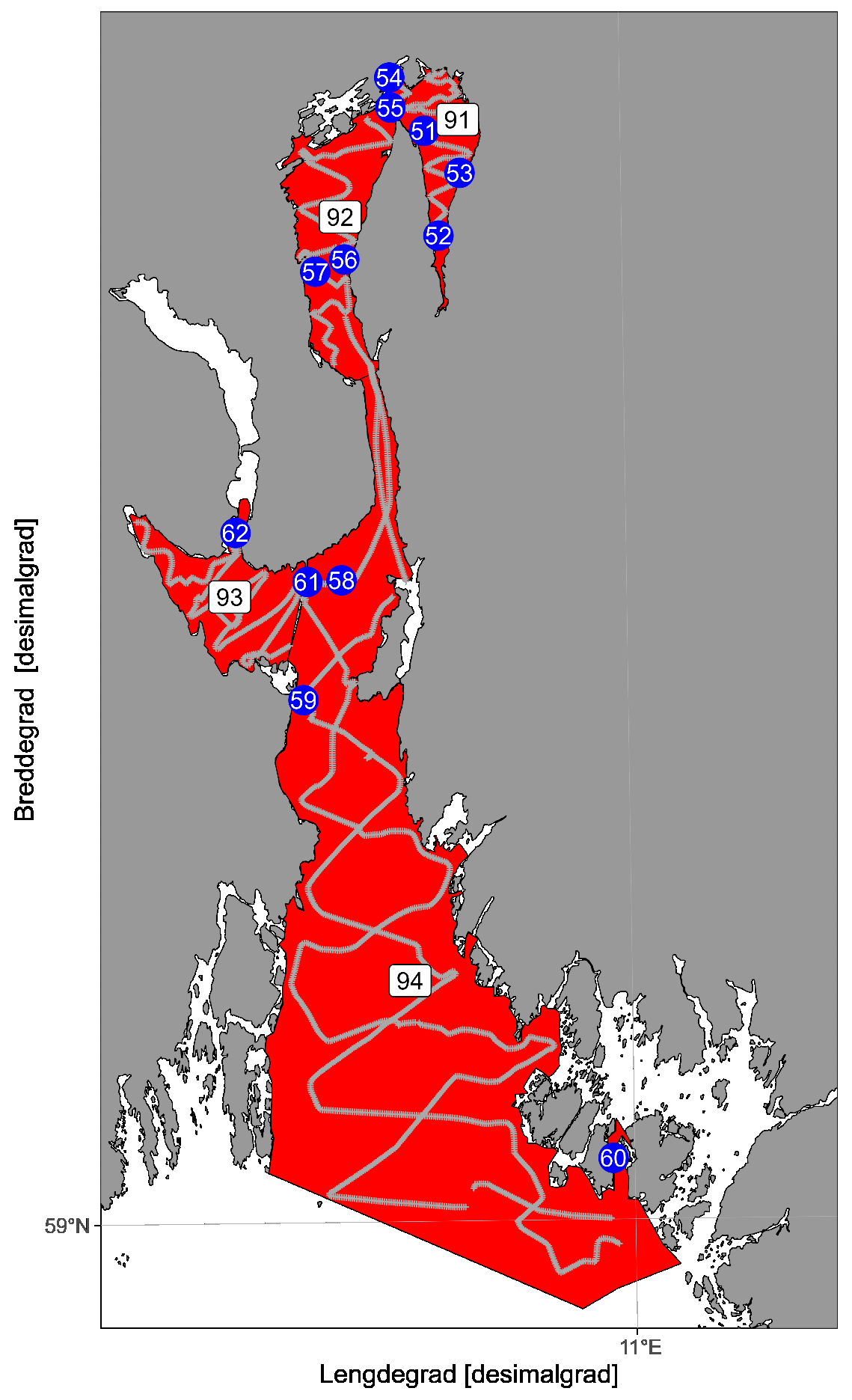 Strata, realiserte akustiske transekt og trålstasjoner dekket under Brislingtokt Oslofjorden 2024