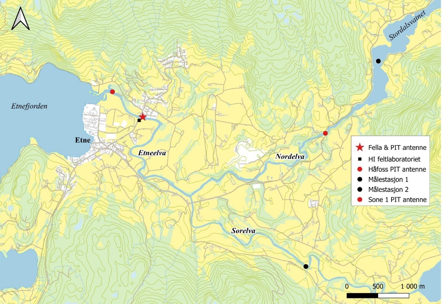 Etnevassdraget består av hovedelven (Etneelva), Nordelva og Sørelva. Kartet viser plassering av fellen (med PIT-antenne), posisjonen på to andre PIT-antenner og plasseringen av to målestasjoner fra NVE som måler vanntemperatur og vannføring.