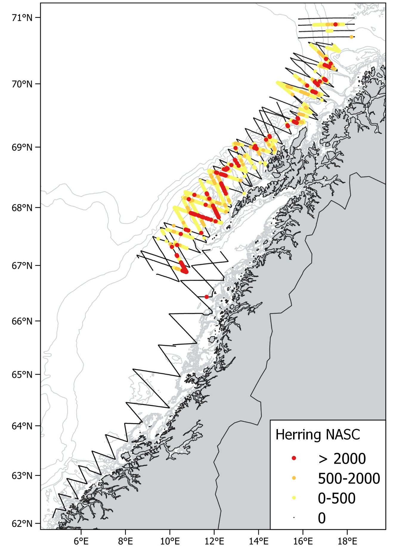 Akustiske tetthetsobservasjoner (NASC) av sild på nvg-gytetoktet 2025