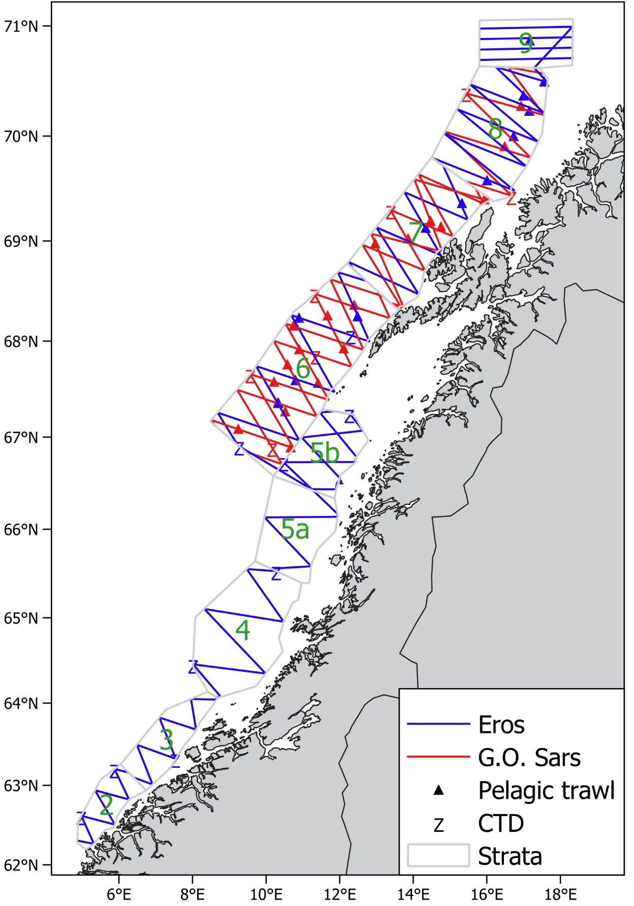 Kurslinjer, pelagiske trålhal, ctd-stasjoner og underområder (strata) i nvg-gytetoktet 2025