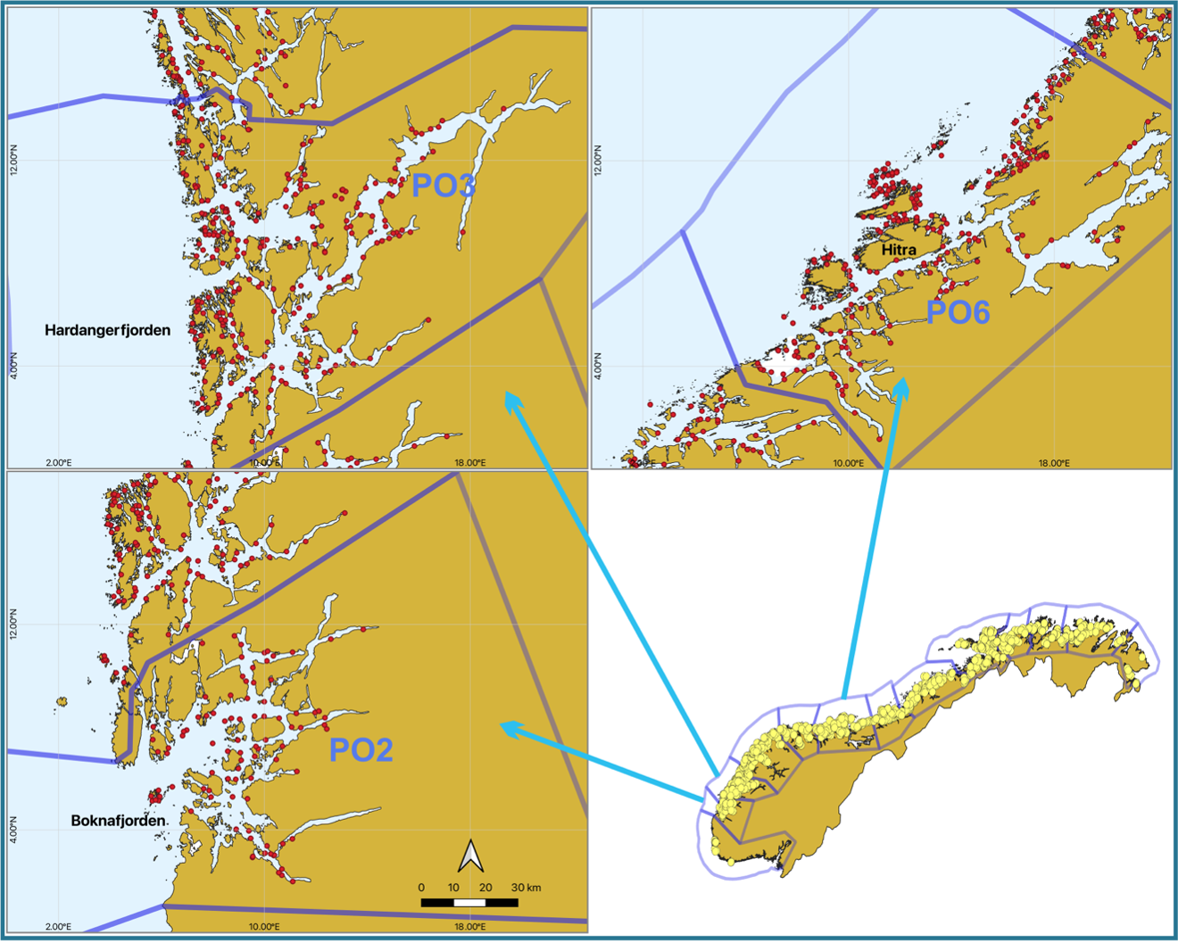Fig. 1: Map showing postsmolt and sea trout collection fjords and fish farms (red circle) in these fjords. PO refers to production areas