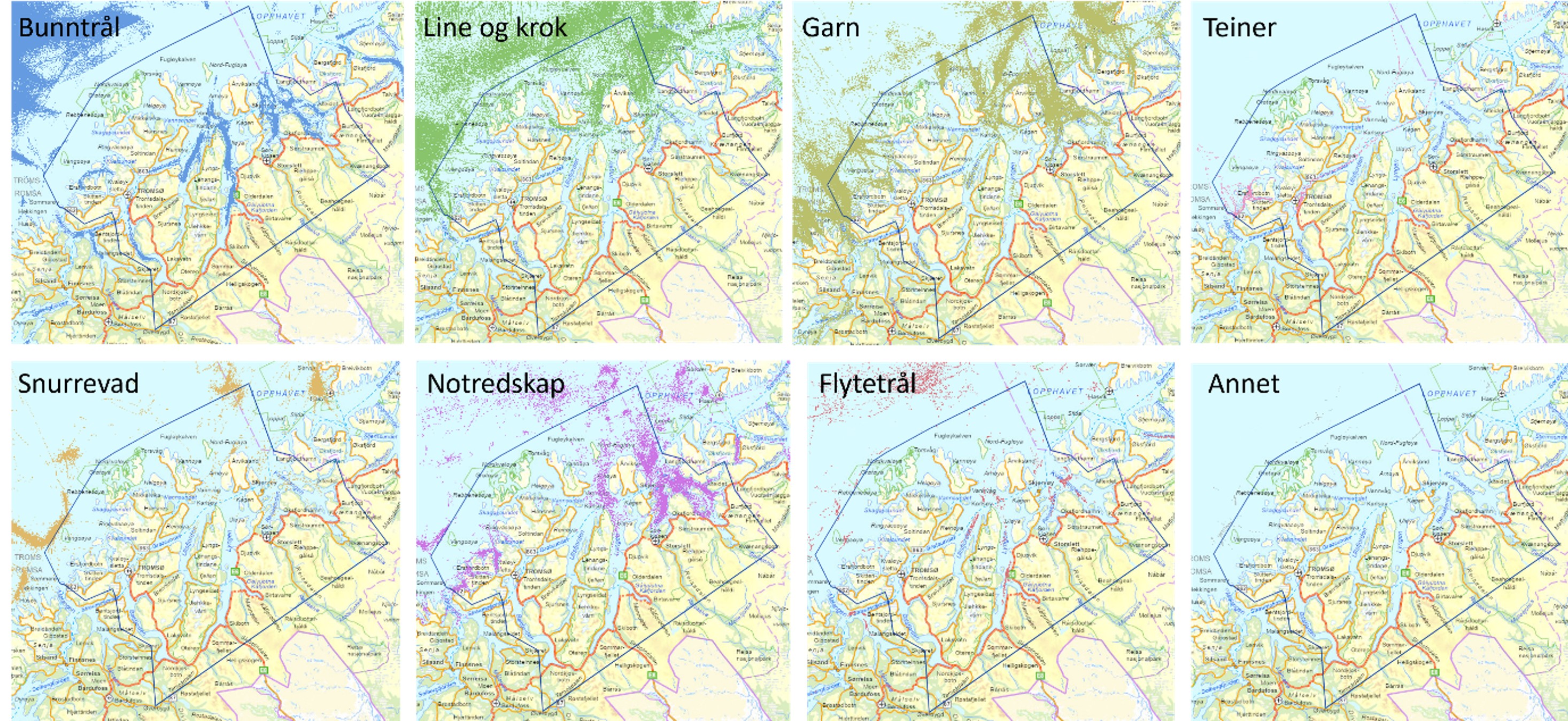 Åtte kartutsnitt, listet fire og fire, PO11 innrammet i linje. Listet fra øverst til venstre til nederst til høyre: bunntrål, line og krok, garn, teiner, snurrevad, not-redskap, flytetrål og annet.  Fiskeriaktiviteten for hver av disse er vist i med skraverte/fargede områder i hvert av kartene. 