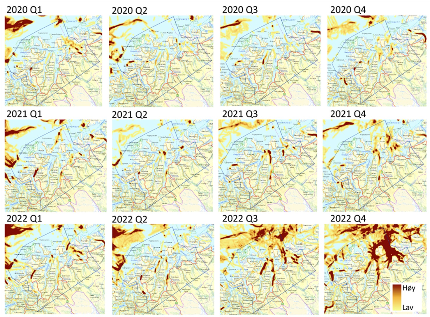 Kartutsnitt med PO11 innrammet, listet i tre rader: 2020 øverst med kartene for Q1, Q2, Q3 og Q4 etter hverandre, deretter 2021 på samme måte i midten og 2022 nederst. Fargefeltene viser fiskeriintensitet for hvert av kvartalene per år. 