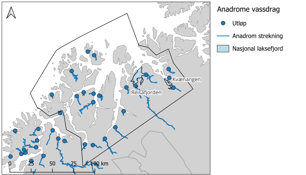 Kartutsnitt med PO11 innrammet i svart, med skala 0 til 100 km. Symbolforklaring til høyre i bildet. «Anadrome vassdrag»: Blå punkter = utløp, blå linjer = anadrom strekning, blå felt = nasjonal laksefjord. 