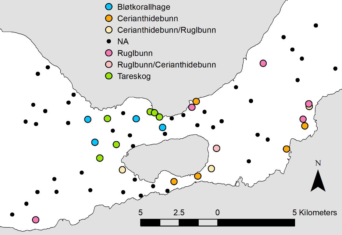 Kartutsnitt med skala 0 til 5 km, symbolforklaring øverst i bildet. Punkter med følgende fargesymboler: Blå = bløtkorallhage, oransje = cerianthidebunn, lys gul = cerianthidebunn/ruglbunn, svart prikk = NA (ingen observasjon av sårbare naturtyper), mørk rosa = ruglbunn, lys rosa = ruglbunn/cerianthidebunn og grønn = tareskog.
