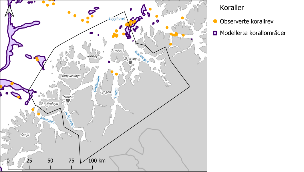 Kartutsnitt med skala 0 til 100 km, samme forklaring til høyre i bildet som i figurteksten.