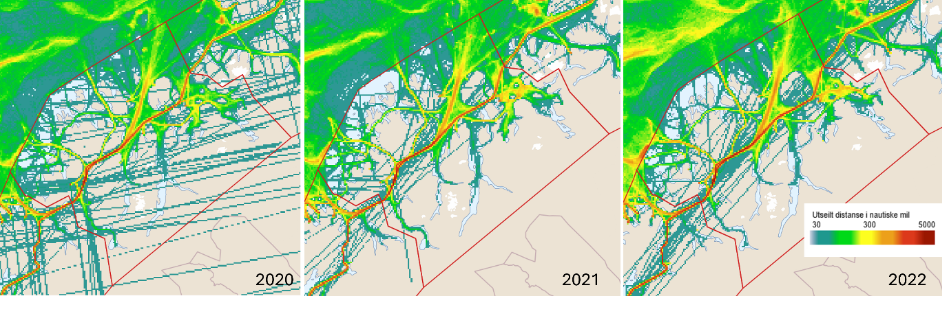 Tre kartutsnitt fra 2020 (venstre), 2021 (midten) og 2022 (høyre), PO11 innrammet i rødt. Fargeskalaen gjengitt nederst i høyre hjørne i 2022: «Utseilt distanse i nautiske mil». Grå/blå toner (30) via grønt og gult (300) og via oransje, rødt til mørk rødt (5000). 