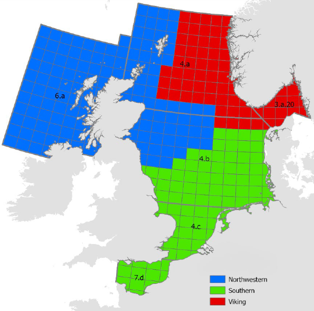 Map showing recent division of North Sea cod into 3 substocks