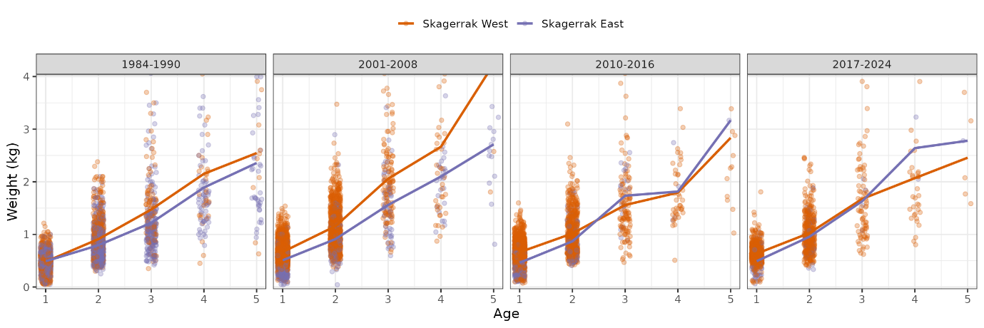 Weight at age Skagerrak gillnet survey  by year and region