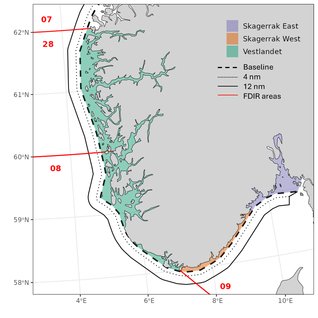 Map of proposed assessment areas for coastal cod south of 62N