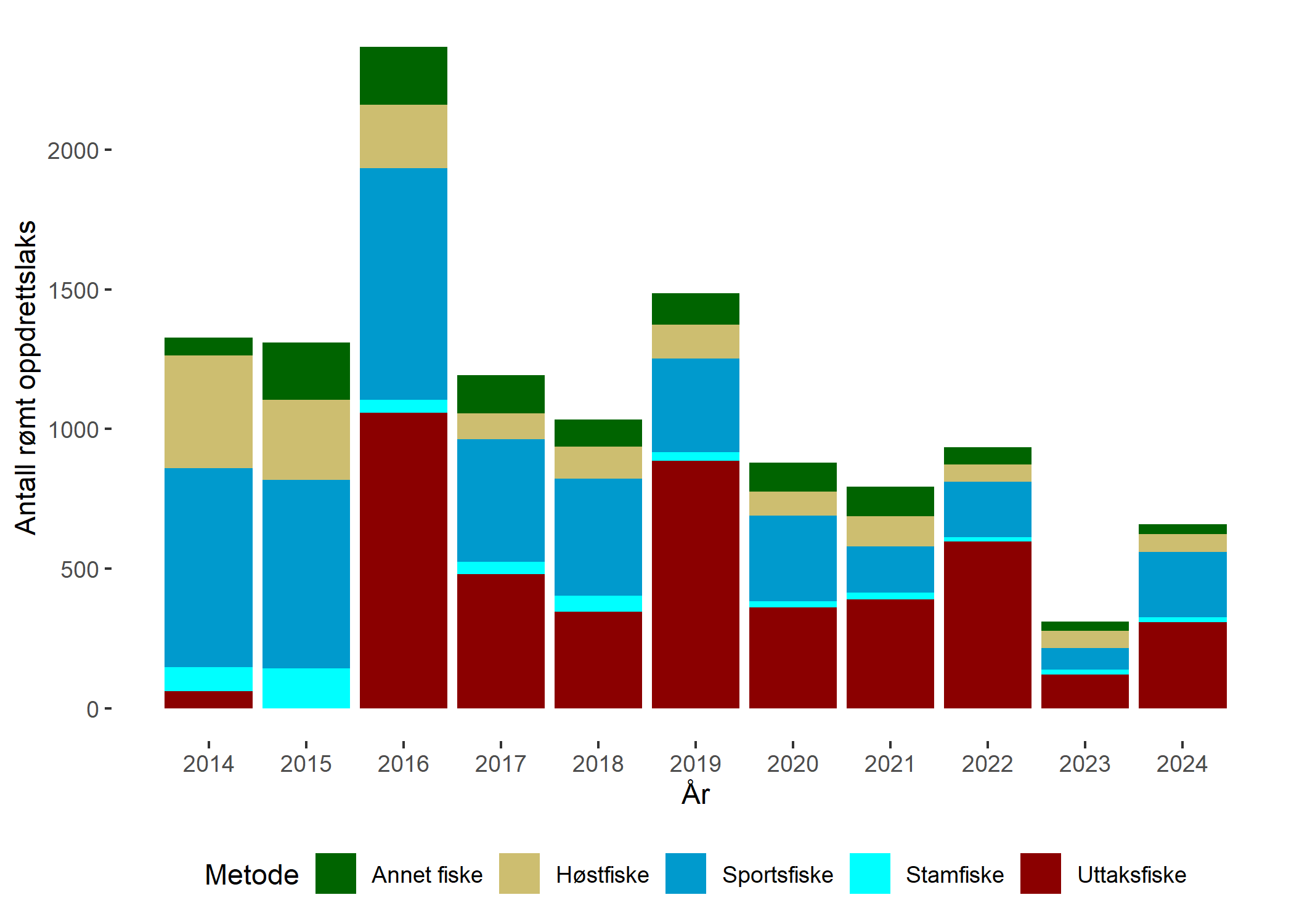 Figuren viser et søylediagram over antall rømte oppdrettslaks registrert i overvåkningsprogrammet for perioden 2014-2024. De fleste individene er fanget i  målrettet uttaksfiske.