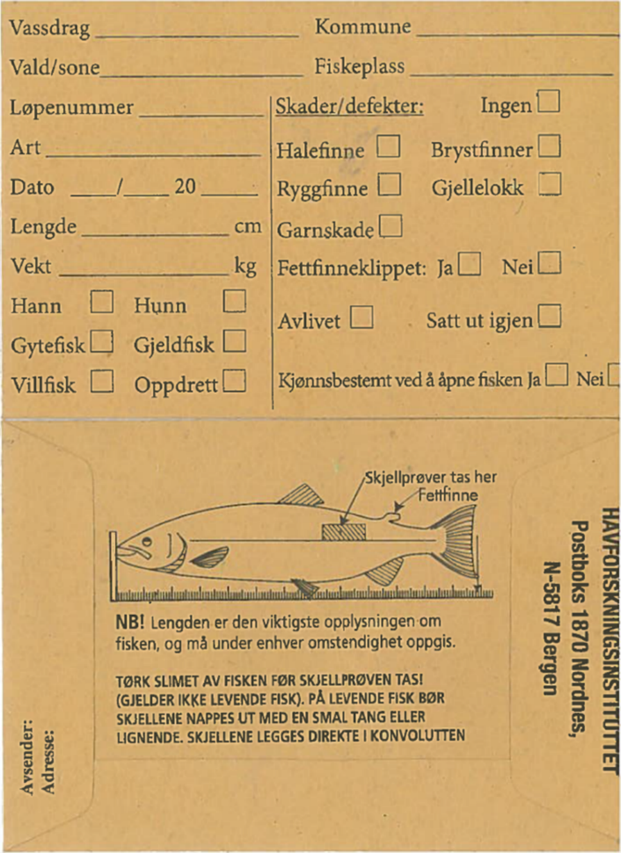 Figuren viser en skjellkonvolutt der det skal føres inn diverse informasjon om fisken skjellet er hentet fra. 