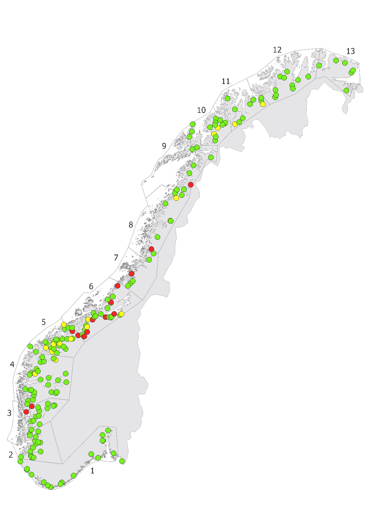 Figuren viser geografisk fordeling av vassdragene i med henholdsvis lavt, middels og høyt innslag av rømt oppdrettslaks i 2024. 