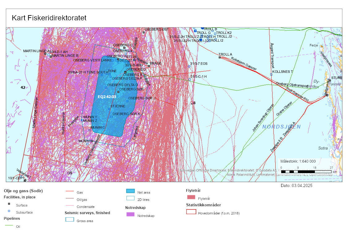 Kart fra Fiskeridirektoratets nettsider  viser det planlagte området til seismikkundersøkelsen (blått polygon), og sildfiskeriaktivitet fra de siste 10 årene i perioden mai til august (røde og lilla linjer).