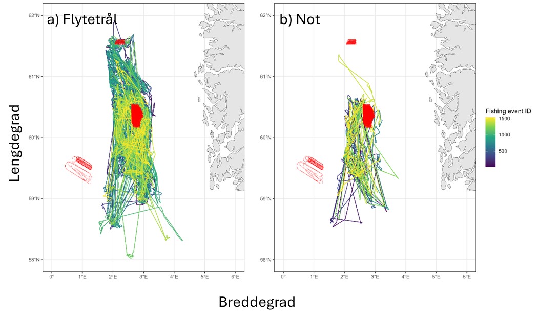 Kart som viser seismikkundersøkelser (røde linjer) samt med sildfiskeriaktivitet (gule til blå linjer) i sommeren 2024 for redskapene a) Flytetrål og b) Not. Fargekoden «Fishing event ID» er simpelthen et tilfeldig tall gitt til hvert fiskeri hendelse, for å anonymisere fartøyets ID. 