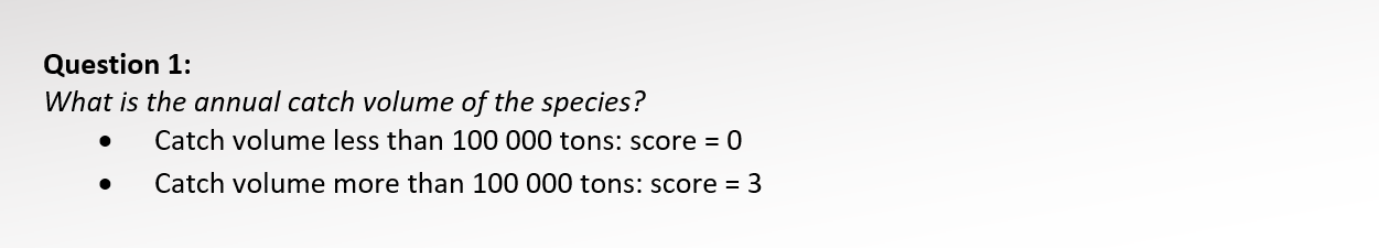 Text box with the following text: Question 1: What is the annual catch volume of the species? •	Catch volume less than 100 000 tons: score = 0 •	Catch volume more than 100 000 tons: score = 3