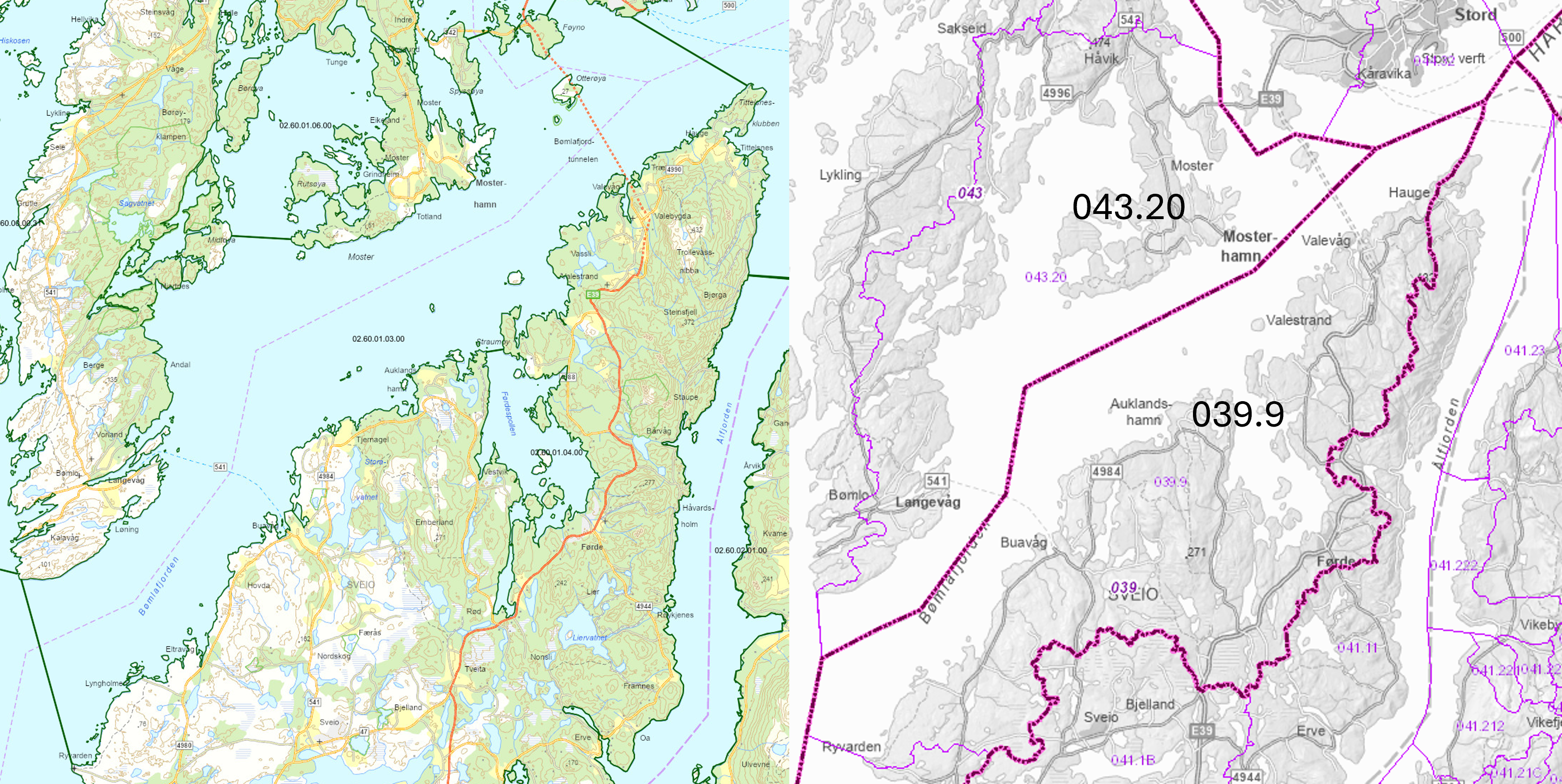 Vannforekomstene skilt med grønne linjer. Vassdragsområder adskilt med mørk lilla linjer og REGINER adskilt med lys lilla linjer, og nummereringer i samme farger. 