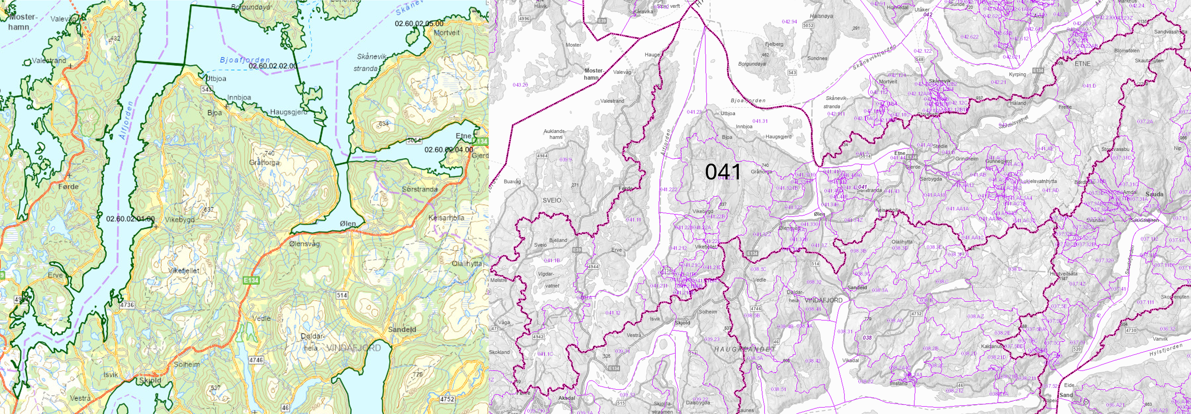 Vannforekomstene skilt med grønne linjer. Vassdragsområder adskilt med mørk lilla linjer og REGINER adskilt med lys lilla linjer, og nummereringer i samme farger. 