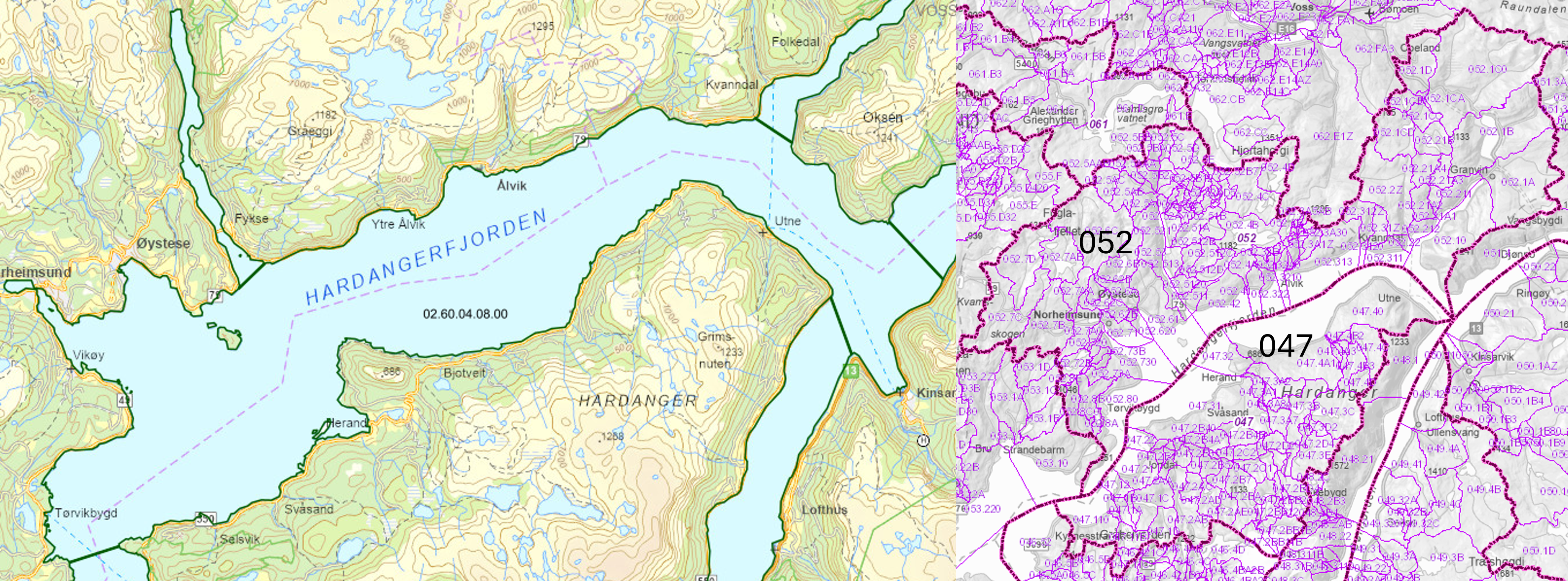 Vannforekomstene skilt med grønne linjer. Vassdragsområder adskilt med mørk lilla linjer og REGINER adskilt med lys lilla linjer, og nummereringer i samme farger. 