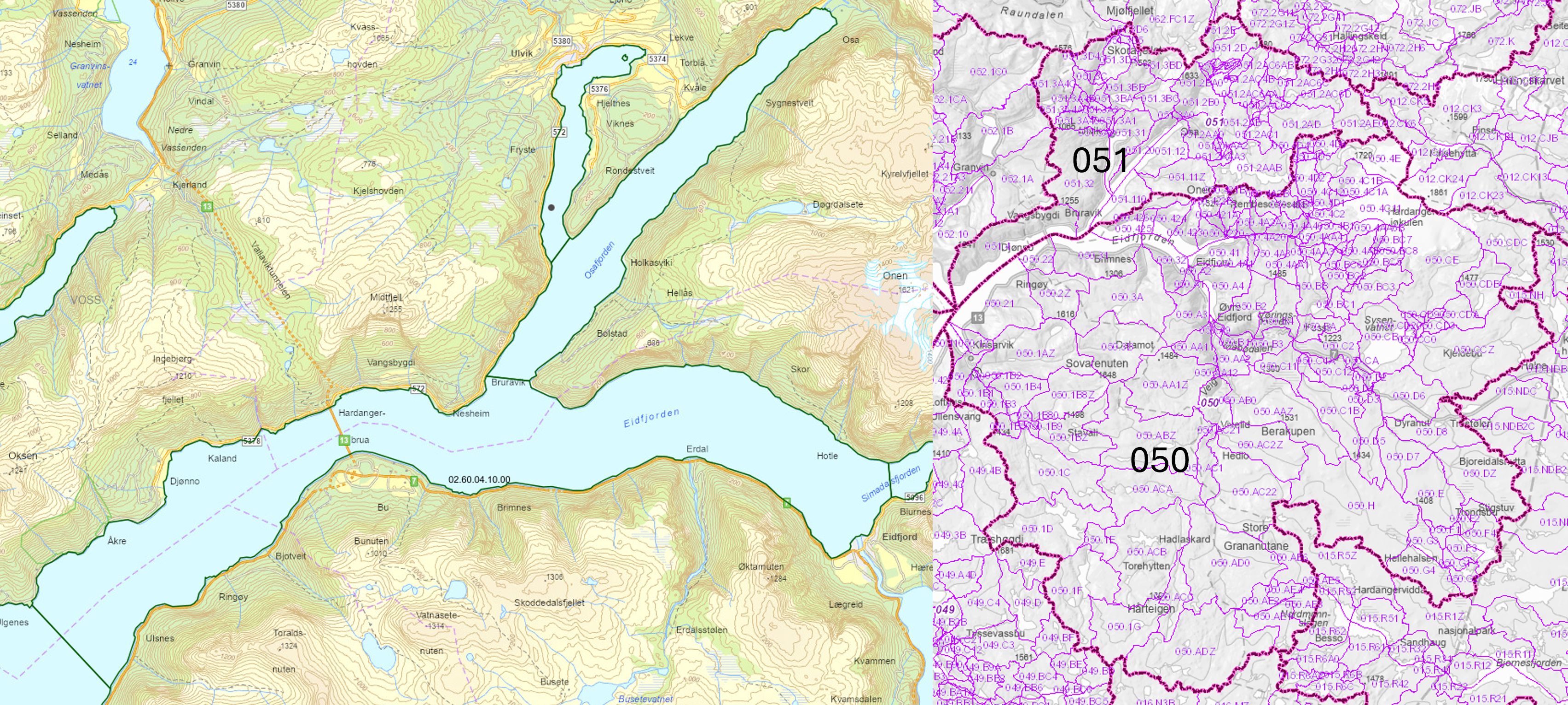 Vannforekomstene skilt med grønne linjer. Vassdragsområder adskilt med mørk lilla linjer og REGINER adskilt med lys lilla linjer, og nummereringer i samme farger.