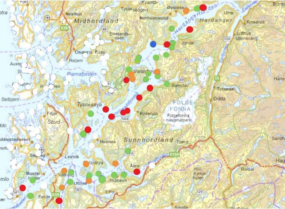 Kartutsnitt over Hardangerfjorden, fargede sirkler angir resultatene.