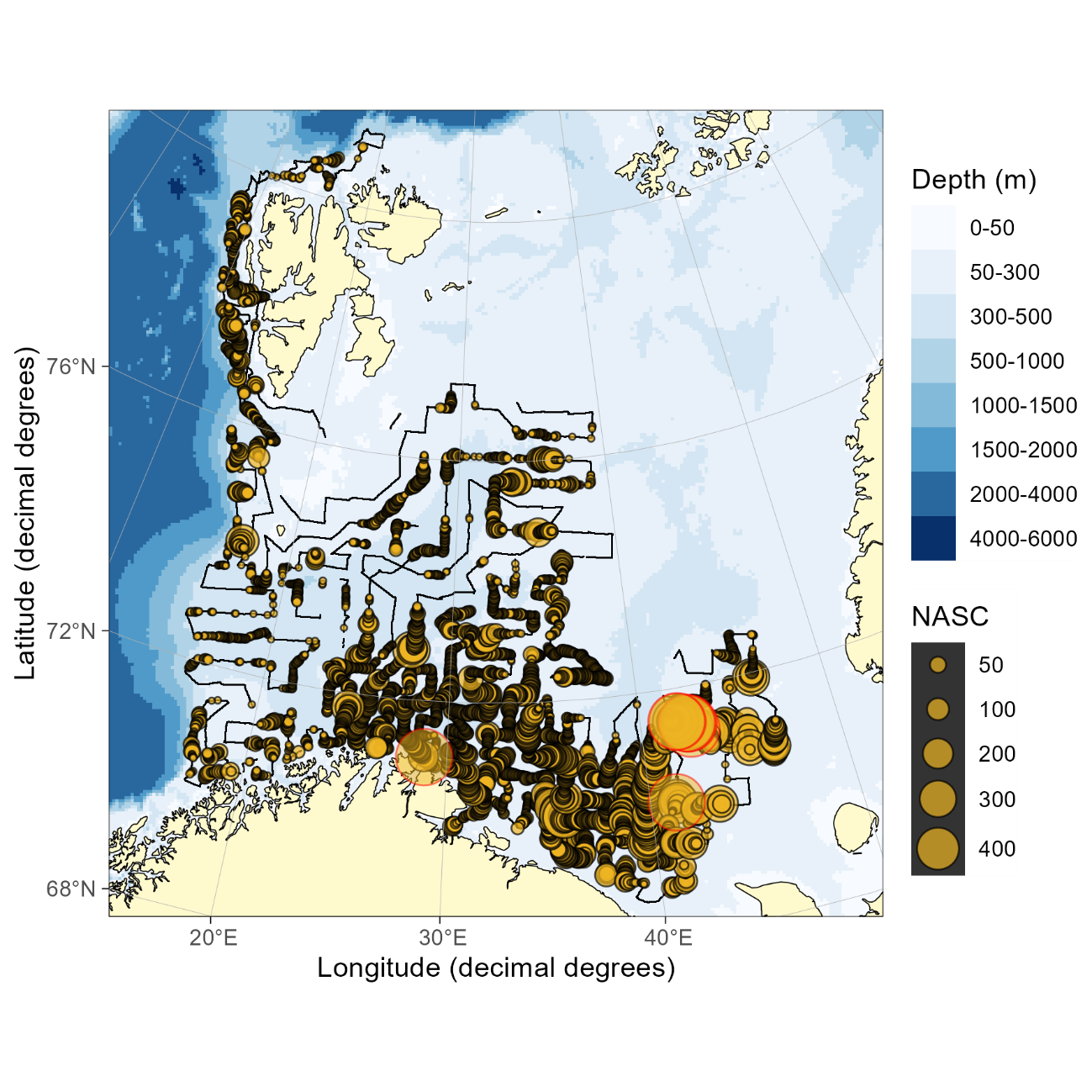 HADDOCK NASC. Distribution of acoustic backscatter (m2/nmi2) assigned to haddock in 2025. The black lines without yellow circles represent parts of the cruise track where the acoustic backscatter was scrutinized but not assigned to haddock. Red circles indicate NASC >500. NASC values < 5 was set to zero for this illustration