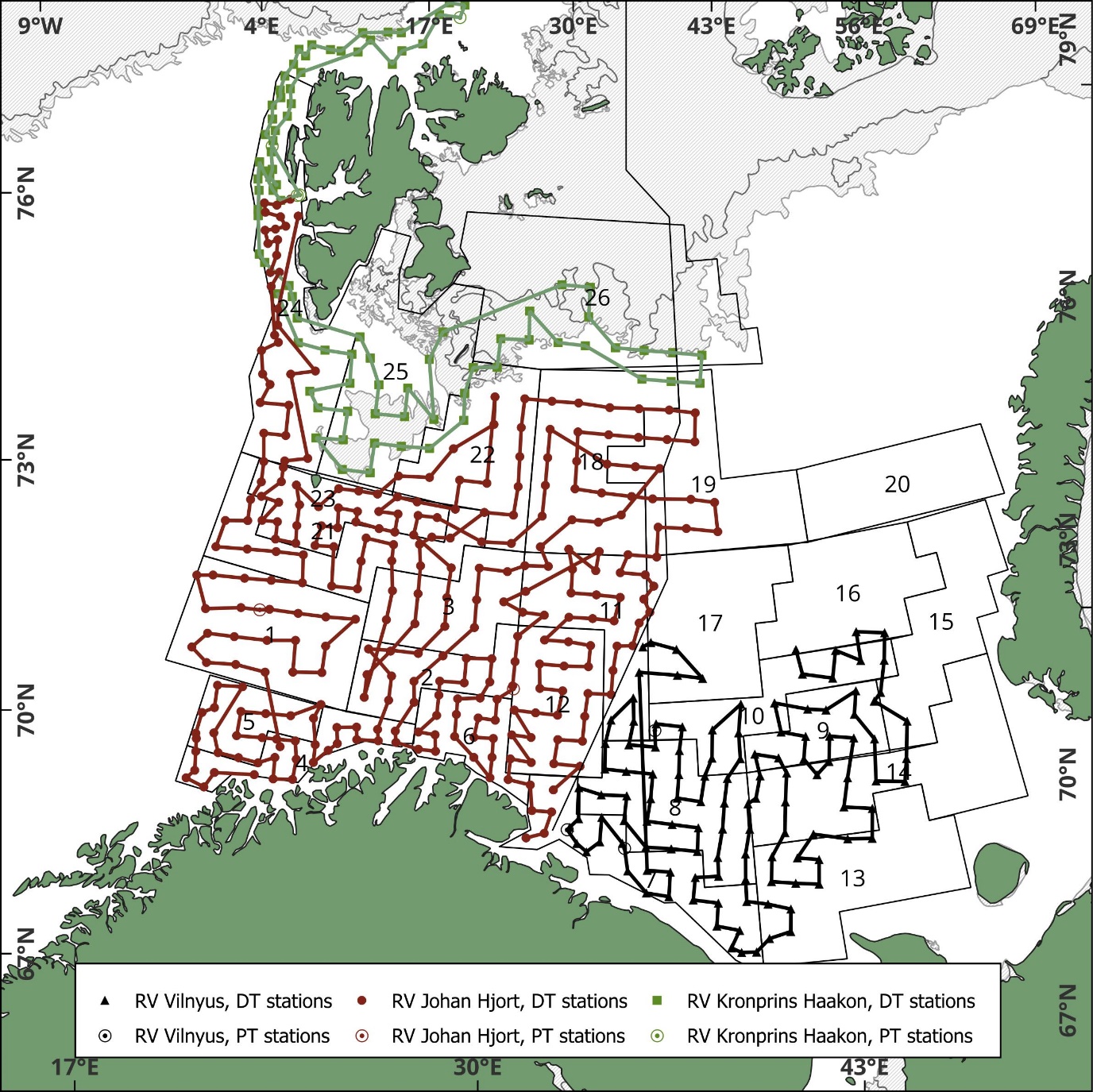 Survey tracks and all demersal (DT) and pelagic (PT) trawl stations in the winter survey 2025. Data source for the ice cover: https://cryo.met.no/sites/cryo.met.no/files/latest/chart_ice.shp (date: 13.01.25).