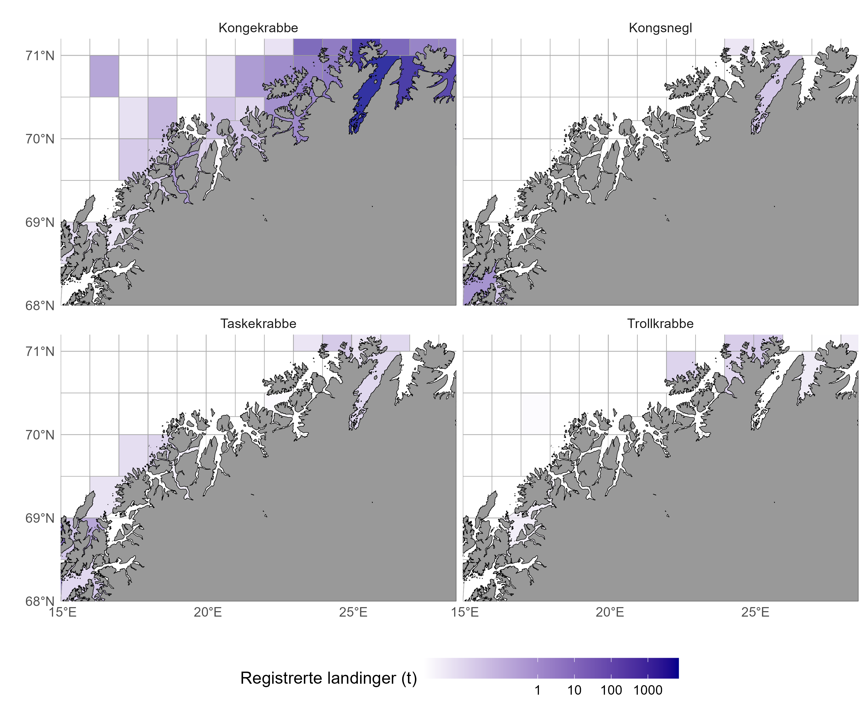 Fire kartutsnitt over Nord-Norge med rutenett (statistiske områder), med landinger for henholdsvis (fra venstre til høyre) kongekrabbe, kongsnegl, taskekrabbe og trollkrabbe. Koordinater langs nedre kanter (15-30E) og i venstre kant (68-71N). Registrerte landinger i tonn representert fra helt lys lilla til mørk lilla (fra 0 til 1000+).  