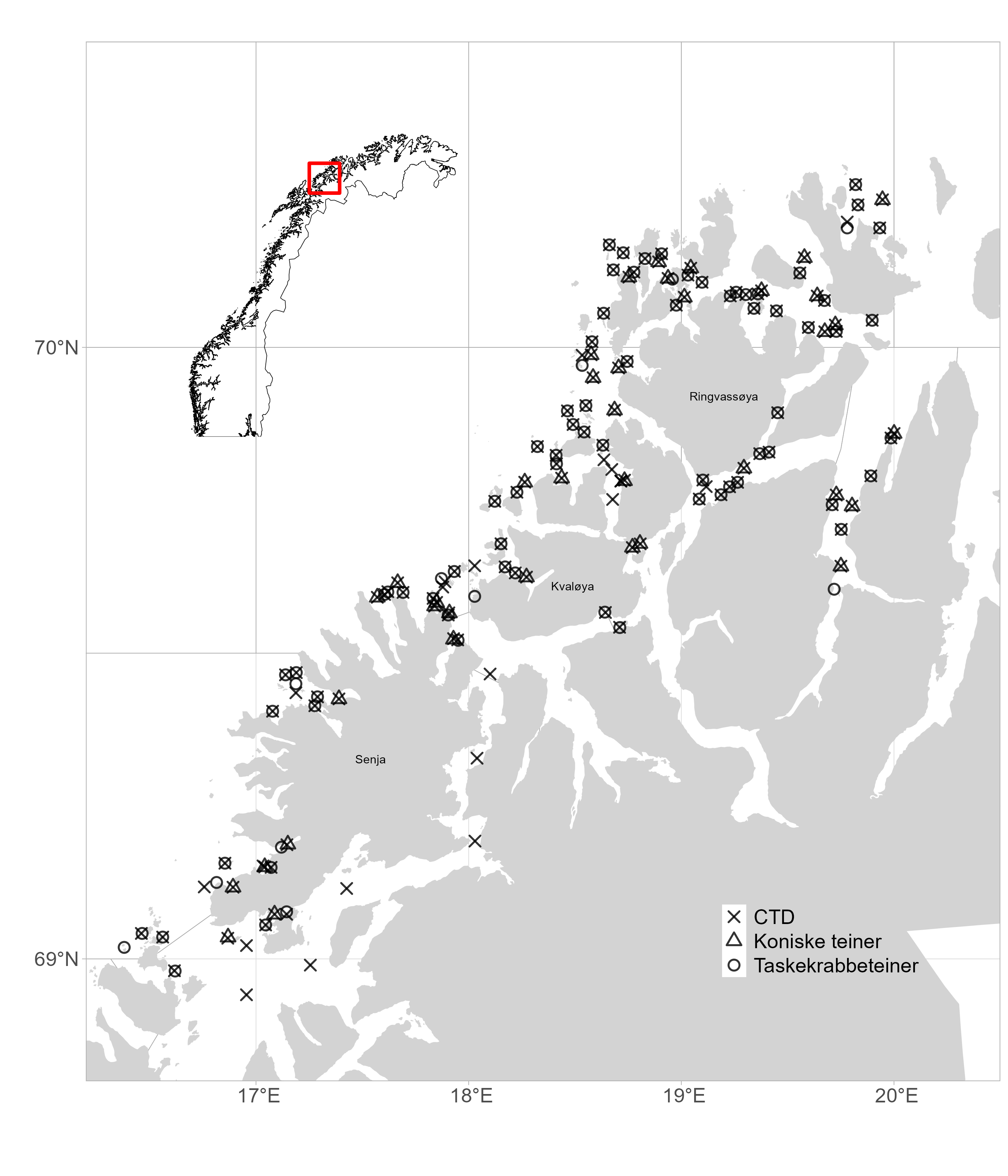 Kartutsnitt over studieområdet. Stasjonene er vist med følgende symboler: X = CTD, trekant = Koniske teiner og sirkel = taskekrabbeteiner. Symbolhenvisning nederst til høyre i bildet. Ringvassøya, Kvaløya og Senja er markert. Lengde- og breddegrader er angitt på kartet (16-20,5 grader E og 69-70,5 grader N). Norgeskart øverst til venstre med rød ramme viser utsnittet. 