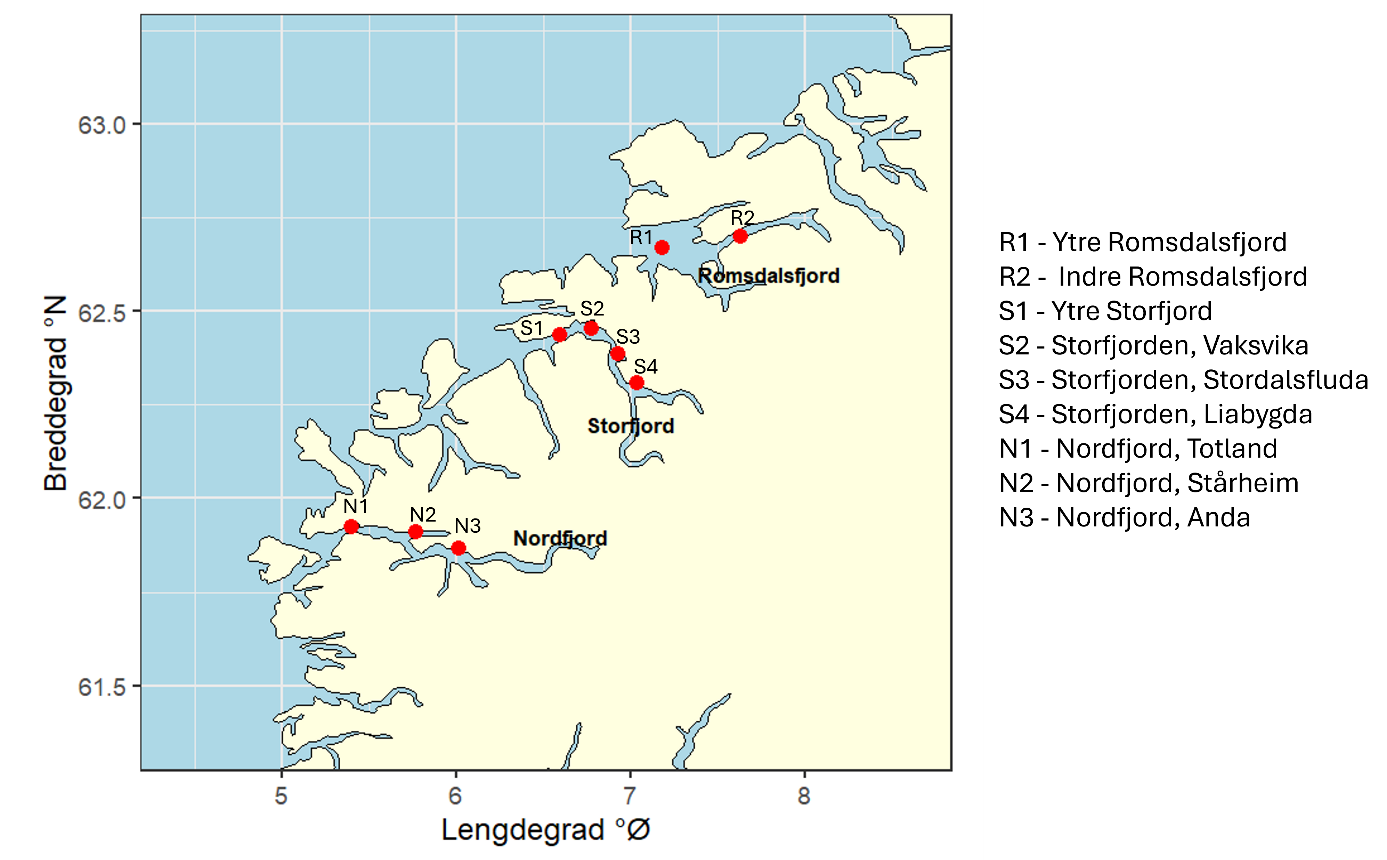 Kart som viser prøvetakingsposisjonene for kartleggingsprogrammet for bestemmelse av miljøgifter i brosme og noen langer i 2024.