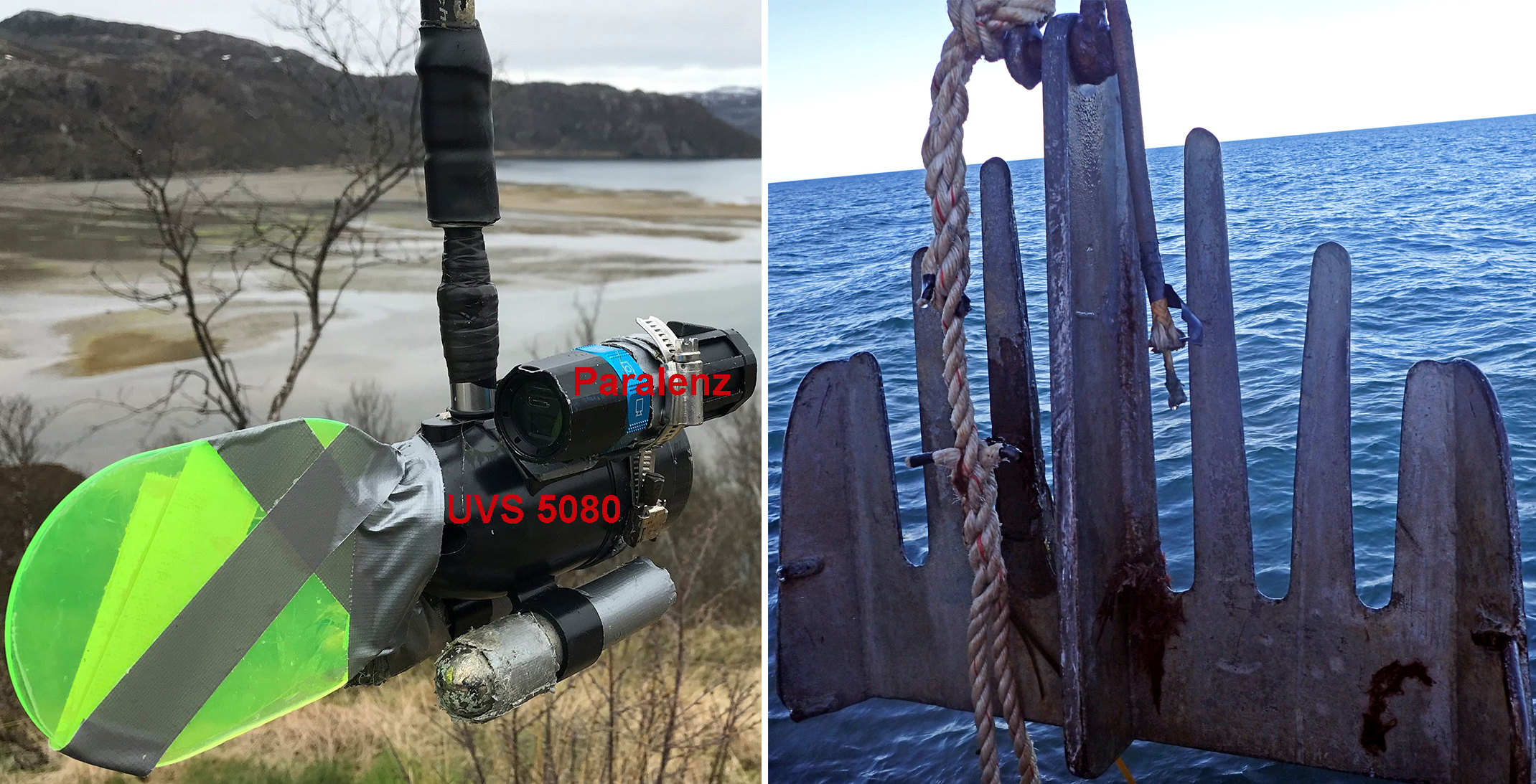 Figur 2. Undervannskamerasystem (til venstre) og ca 60 cm bred tareskrape i stål (til høyre) som benyttes til tareundersøkelser.