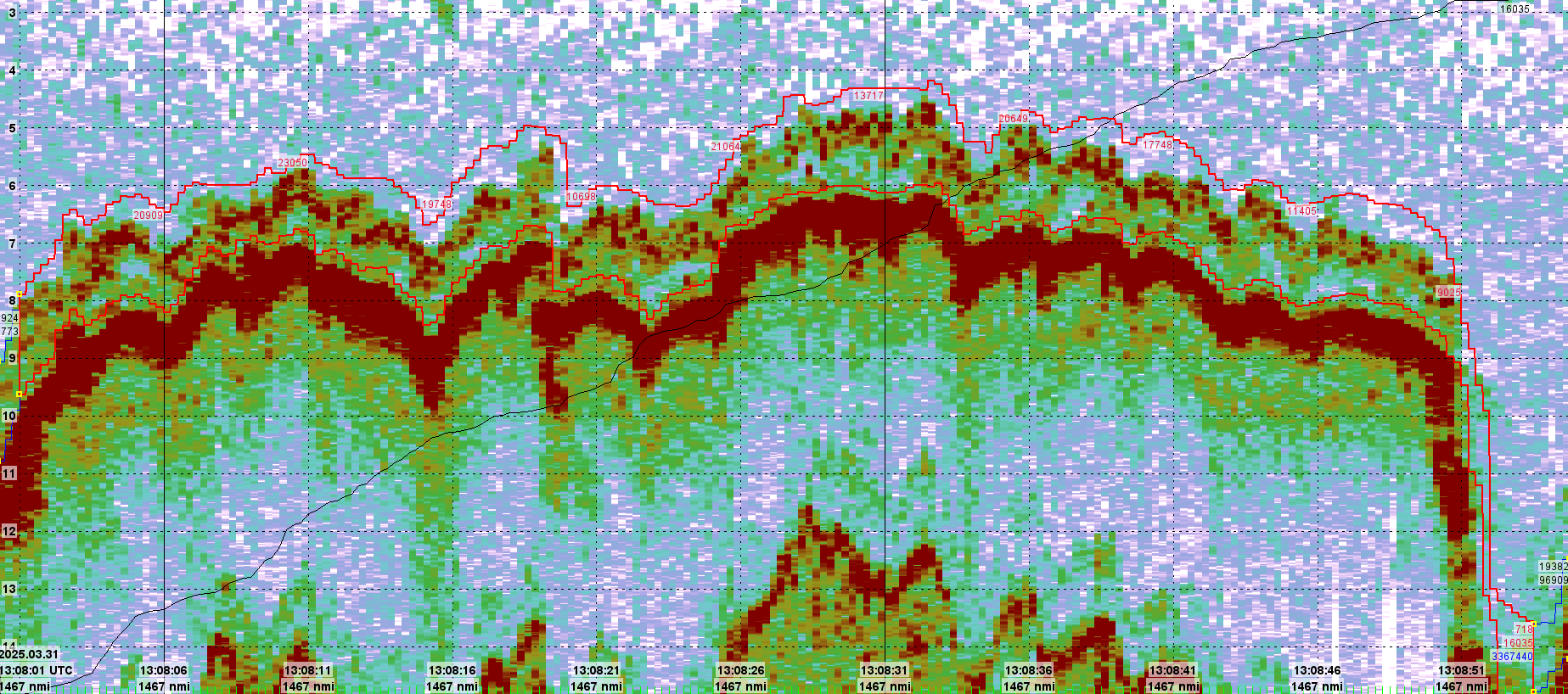 Figur 19. Ekkogram fra referansestasjon Utvær som representerer det største avviket mellom akustisk- og videoestimert biomasse. Her kan tareskogen sees som klare refleksjoner over den markante (røde) havbunnen. Tarens maksimale høyde er på 1,5 meter der havbunnen er på sitt grunneste og den er tilnærmet fraværende på transektets dypeste punkt til høyre i bildet.
