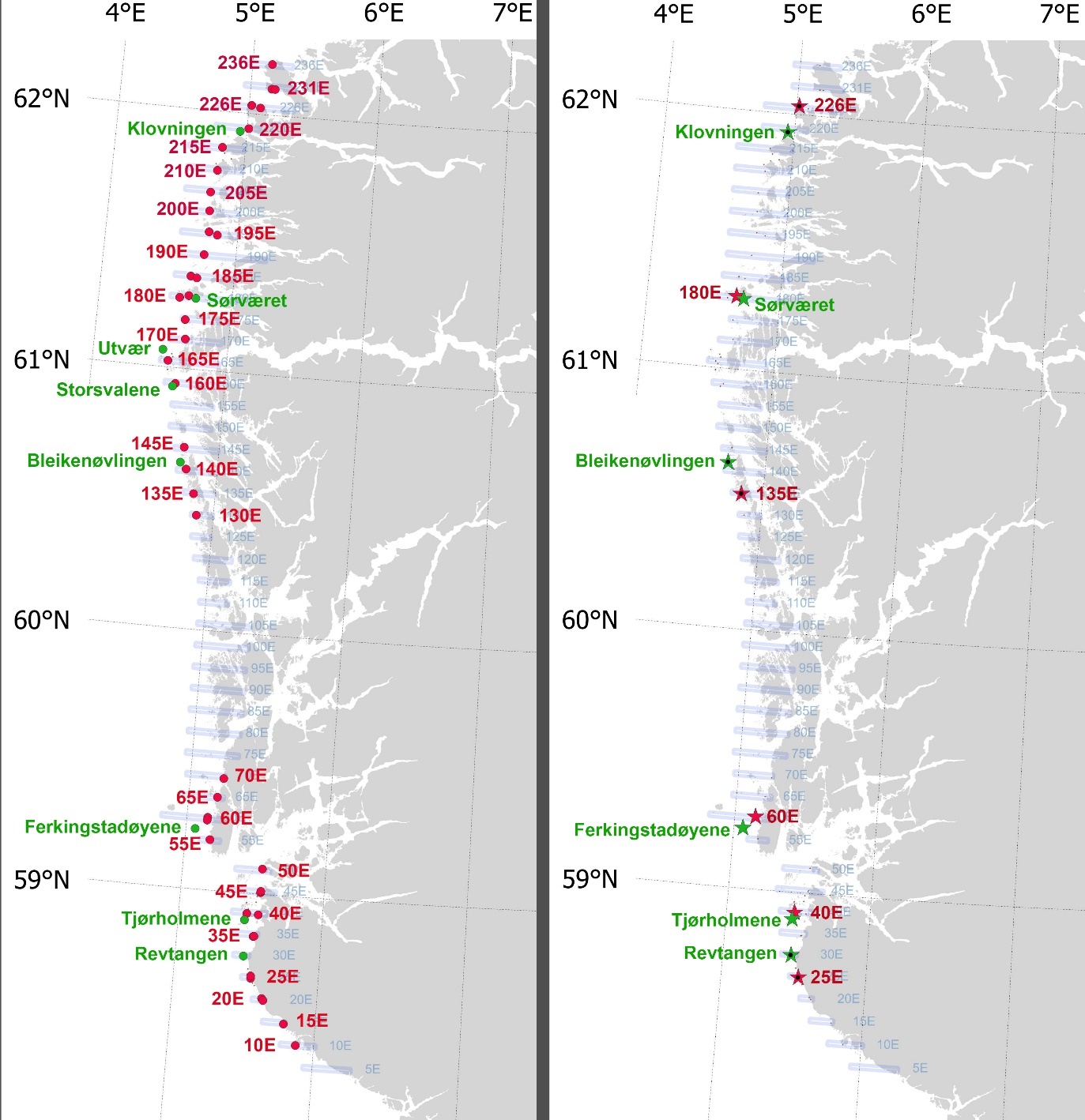 Figur 1. Posisjoner for video/akustikk transekt (venstre kart) og innsamlingsstasjoner (høyre kart) undersøkt i høstefelt (røde markører) og referanseområder (grønne markører) i Rogaland og Vestland april 2025. Stasjoner for genetikkprøvetaking er markert med liten sort prikk inne i stjernene i kartet til høyre. Lyseblå polygoner angir E-felt som etter forvaltningsplanen åpnes for tarehøsting fra 01.09.2025.