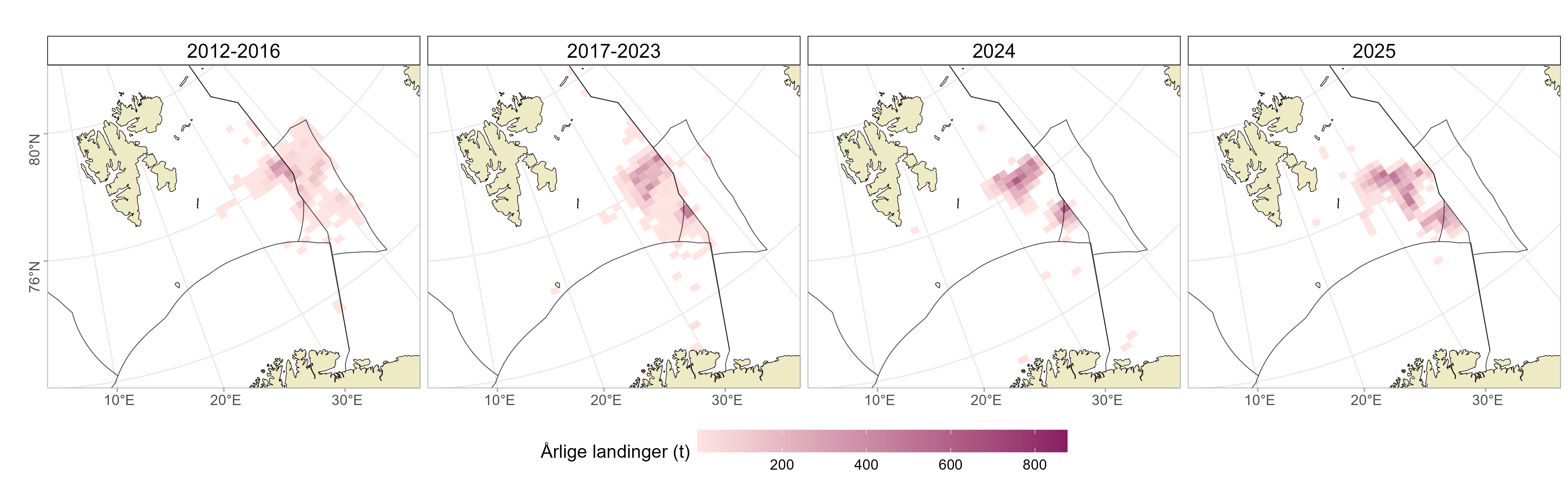Fangstposisjoner fra elektroniske dagbøker fra norske snøkrabbebåter i tidsrommet 2012 til 2025.
