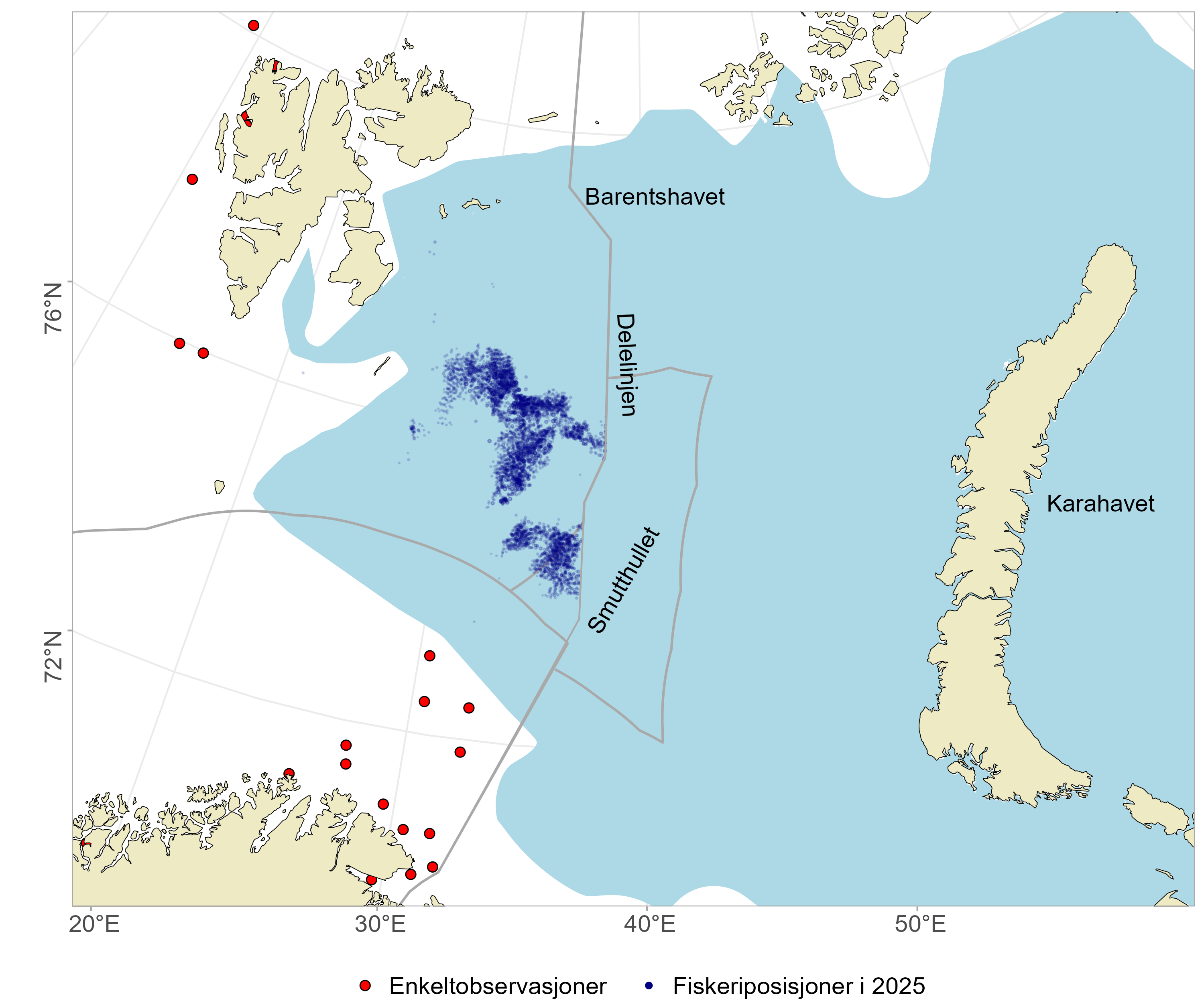 Utbredelse av snøkrabbe i Barentshavet. Den sammenhengende utbredelsen av snøkrabbe (blått) strekker seg over størstedelen av Russisk økonomisk sone, Karahavet, Svalbardsonen vest til Svalbard og Bjørnøya, samt den nordligste delen av Norsk økonomisk sone. Enkeltobservasjoner av snøkrabbe (røde punkter) er gjort i østlig del av Norsk økonomisk sone nord for Finnmark, og vest og nordvest for Svalbard. Fiskeriposisjoner fra 2025 er markert med mørkeblå prikker, og viser at det norske fiskeriet er relativt konsentrert sør og nord for Sentralbanken.