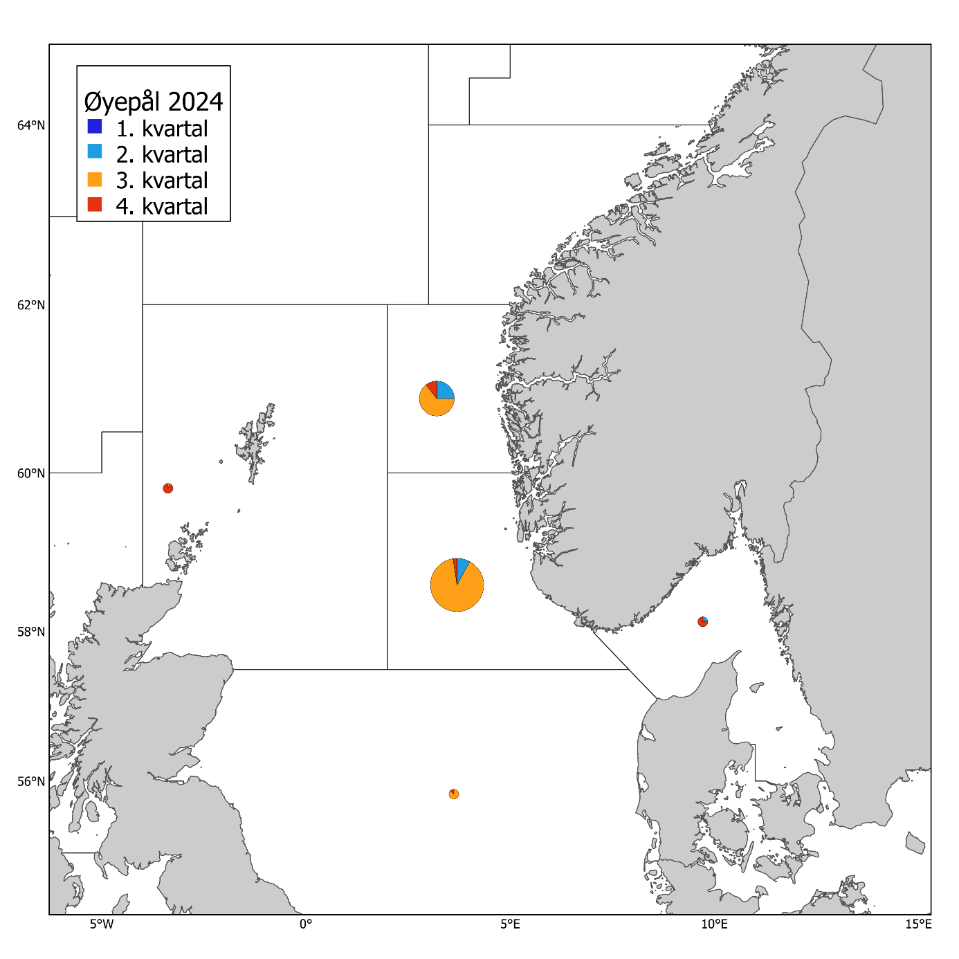 Øyepål 2024. Norske kommersielle fangster (runde kakediagram, størrelsen proporsjonal med fangstmengde) per statistisk hovedområde og kvartal. Fangsten i 2024 var 2 256 tonn og antall prøver fra fangstprøvelotteriet var 0. (Stand: 03.03.2025)