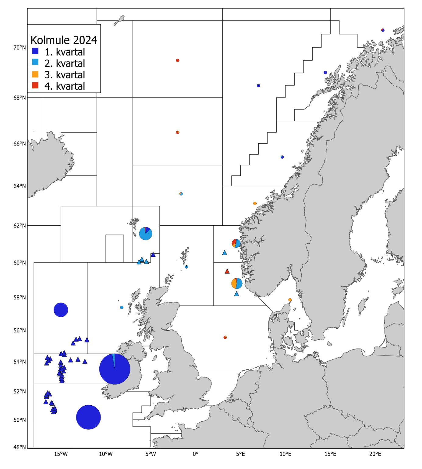 Kolmule 2024. Norske kommersielle fangster (runde kakediagram, størrelsen proporsjonal med fangstmengde) per statistisk hovedområde og kvartal, og prøver fra fangstprøvelotteriet (trekanter). Mørkeblå: 1. kvartal, lyseblå: 2. kvartal, oransje: 3. kvartal, og rød: 4. kvartal. Fangsten i 2024 var 138 438 tonn og antall prøver fra fangstprøvelotteriet var 40.