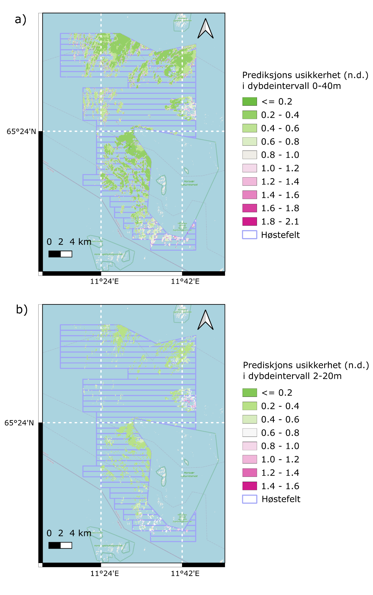 Figur 12. Romlig usikkerhet (variasjonskoeffisient) for prediksjoner av biomassetetthet av stortare i a) 0-40 m dyp og b) 2-20 m dyp.