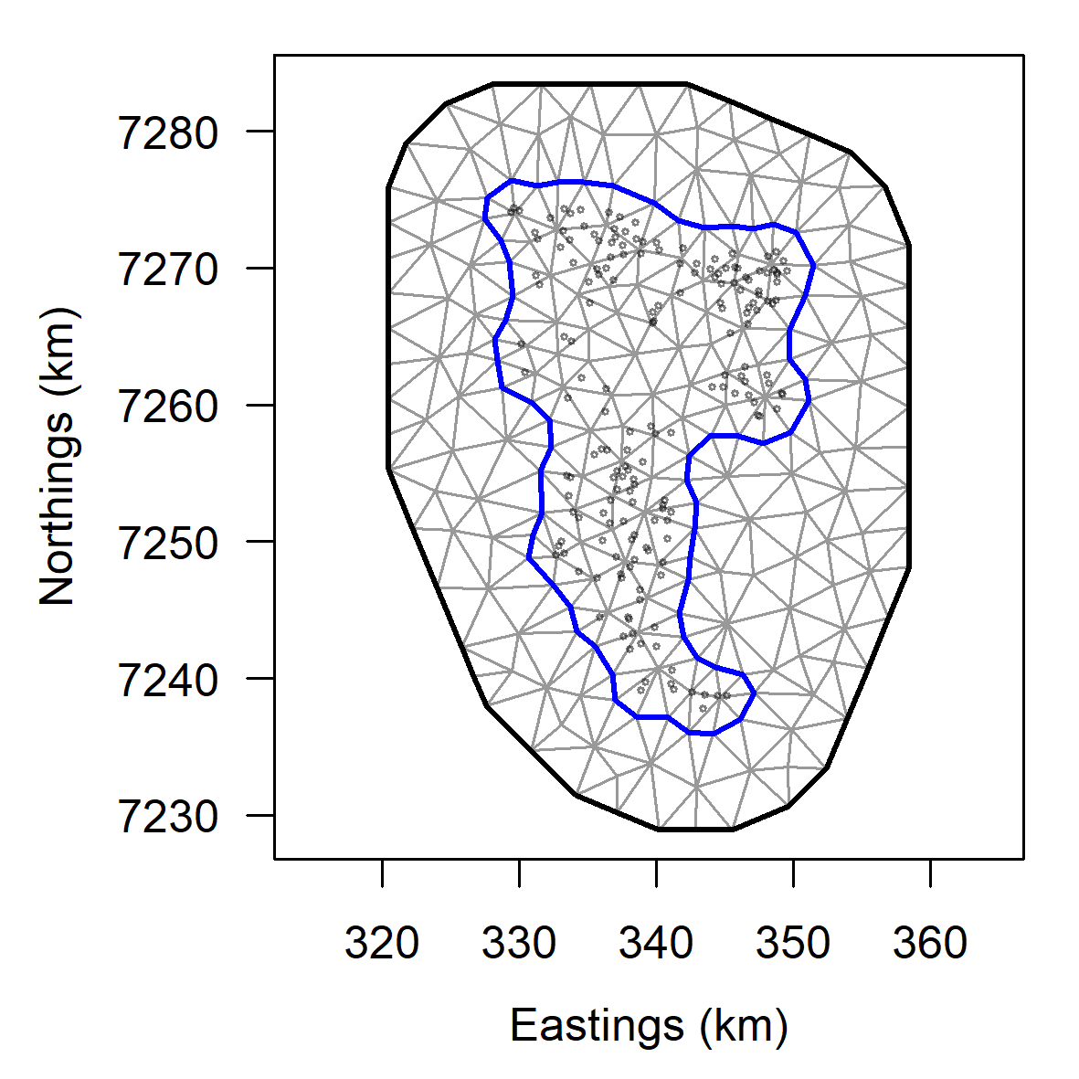 Figur 10. Todimensjonalt nett som definerer lokalitetene for estimering av tilfeldig romlig felt (random spatial field) som skjæringspunktene mellom tesseleringstrianglene.