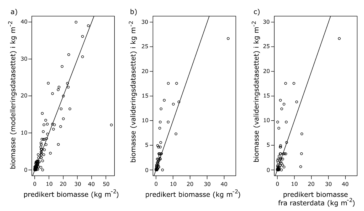 Figur 36. Modellpredikert biomassetetthet versus observert biomassetetthet av stortare med a) predikert biomassetetthet fra observerte forklaringsvariabler for treningsdatasettet, b) predikert biomassetetthet fra uavhengige observerte forklaringsvariabler fra valideringsdatasettet, c) predikert biomassetetthet fra romlig oppløste forklaringsvariabler. Den svarte linjen representerer likhet mellom observasjoner og prediksjoner.